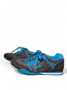 Vintage Kangaroos Ruby Printed Velvet Sneakers in blue and brown suede/velvet